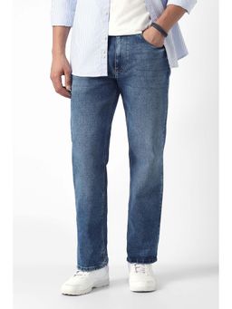 Van Heusen - Blue Solid Cotton Blend Bootcut Fit Jeans