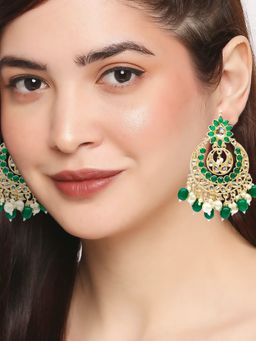 OOMPH - Jewellery Green Stones and Kundan Large Ethnic Chand Bali Earrings