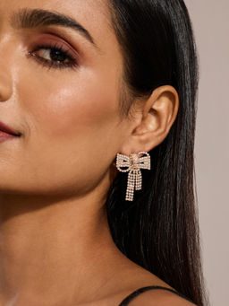 Pipa Bella by Nykaa Fashion - Gold Diamante Embellished Bow Statement Drop Earrings