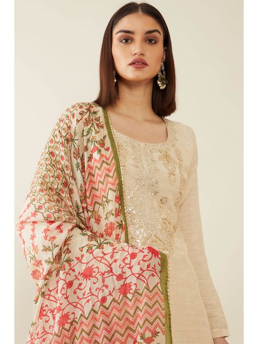 chinese dress ladies Beige and Peach Shade Linen Cotton Dress Material With Kantha Stitch Work main image 0