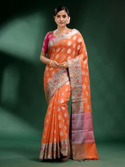 CHARUKRITI - Orange Pure Silk Handwoven Soft Saree with Unstitched Blouse