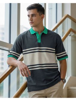 Bewakoof - Grey Striped Oversized Polo T-Shirt