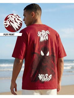 Bewakoof - Bold Red Spiderman Miles Graphic Printed Oversized T-Shirt