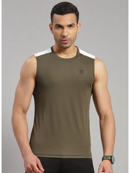 Rock.it - Olive Sleeveless Regular Round Neck T-Shirt