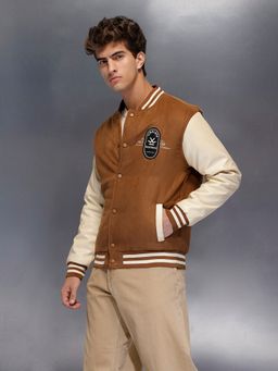 WROGN - Brown Men's Retro Tan Suede-Look Varsity Jacket
