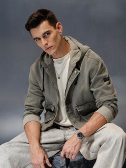 WROGN - Olive Casual Oversized Crop Fit Front Zipper Hooded Jacket