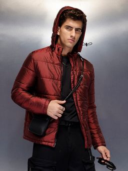 WROGN - Wine Metallic Puffer Jacket with Hood