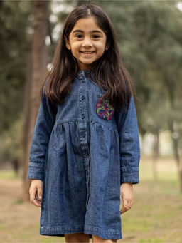 ZACH & KIKI - Garden In My Pocket Denim Shirt Dress Solid Blue