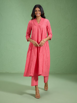 Buy Likha Schiffli Embroidered Cotton A Line Coral Kurta & Pant ...