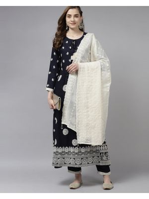 Indo Era Blue Embroidered Straight Kurta Trousers Set