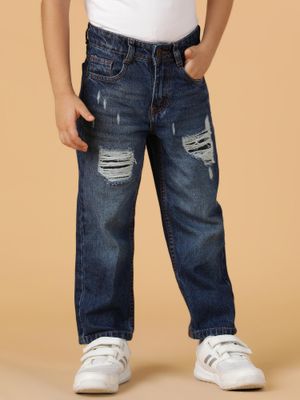 Boys Dark Blue Washed Denim-Lycra Jeans