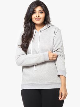 Instafab Plus - Women Size Solid Casual Hooded Sweatshirt Grey