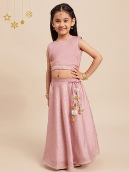 Ahalyaa Kids - Girls Rusty Rose Chanderi Gold Foil Print Lehenga Choli With Dupatta (Set of 3)