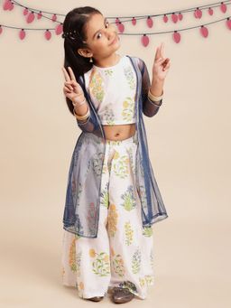 Ahalyaa Kids - Girls Off White Cotton Printed Top and Palazzo with Net Jacket (Set of 3)