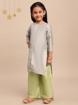 Ahalyaa Kids - Girls Poly Silk Gold Printed Straight Kurta with Palazzo (Set of 2)