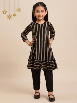 Ahalyaa Kids - Girls Black Georgette Stripped Gold Printed Kurta Pant (Set of 3)