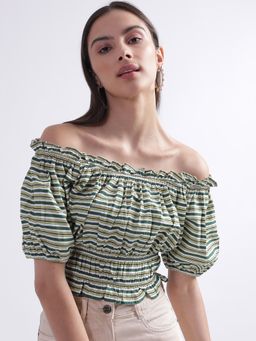 ELLE - Women Green Off Shoulder Striped Crop Top