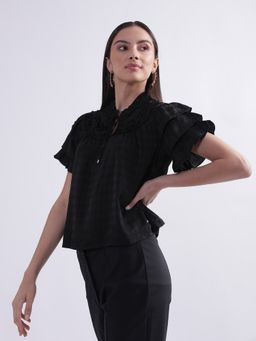 ELLE - Women Black Self-Design Tie-Up Collar Top