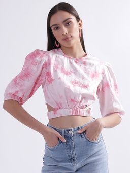 ELLE - Women Pink Printed Round Neck Crop Top