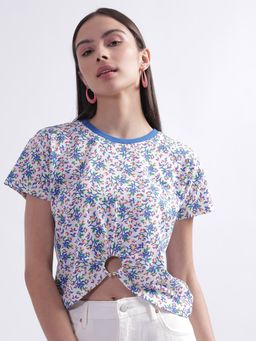 ELLE - Women Blue Printed Round Neck T-Shirt
