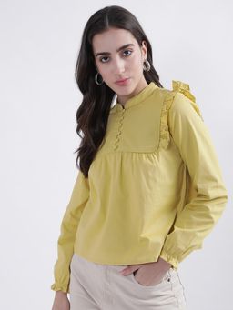ELLE - Women Solid Mandarin Collar Long Sleeves Top