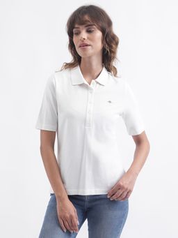GANT - Women Off White Solid Short Sleeves Collar Polo T-Shirt