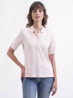 GANT - Women Pink Solid Short Sleeves Collar Polo T-Shirt