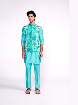 ISHA GUPTA TAYAL - Aqua Green Embroidered Kurta and Pant with Nehru Jacket Set