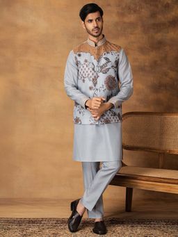 ISHA GUPTA TAYAL - Grey Floral Printed and Embroidered Kurt and Pant with Nehru Jacket Set