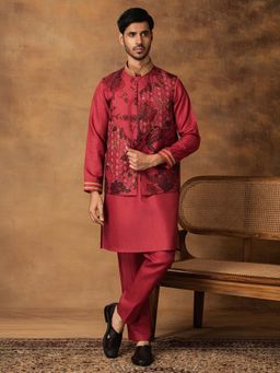 ISHA GUPTA TAYAL - Onion Pink Floral Printed Kurta and Pant with Nehru Jacket Set
