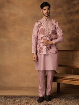 ISHA GUPTA TAYAL - Pastel Pink Floral Printed Kurta and Pant with Nehru Jacket Set
