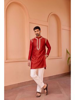 ISHA GUPTA TAYAL - Red Dori and Hand Embroidered Silk Kurta and Pant Set