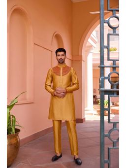 ISHA GUPTA TAYAL - Gold Mustard Dori and Hand Embroidered Silk Kurta Set