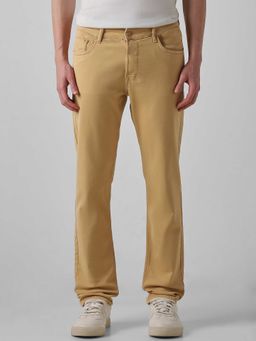 Mufti - Khaki Cotton Blend Mid Waist Straight Leg Solid Jeans