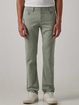 Mufti - Olive Cotton Blend Mid Waist Straight Leg Solid Jeans