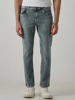 Mufti - Blue Cotton/Elastane Mid Waist Straight Leg Solid Jeans