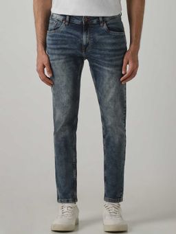 Mufti - Blue Cotton Blend Mid Waist Straight Leg Solid Jeans