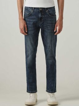 Mufti - Blue Cotton Blend Mid Waist Straight Leg Solid Jeans