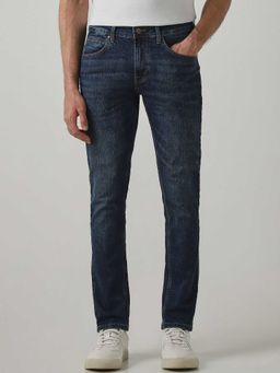 Mufti - Blue Cotton Blend Mid Waist Slim Leg Patterned Jeans
