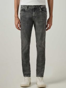 Mufti - Grey Cotton Blend Mid Waist Slim Leg Patterned Jeans