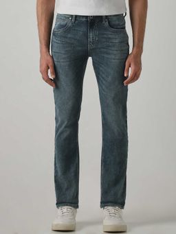 Mufti - Blue Cotton Blend Mid Waist Slim Leg Solid Jeans