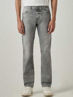 Mufti - Grey Cotton Blend Mid Waist Straight Leg Solid Jeans