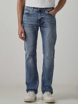 Mufti - Blue Cotton Blend Mid Waist Straight Leg Solid Jeans