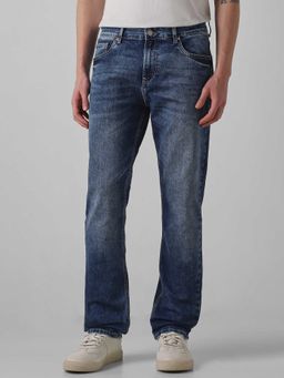 Mufti - Blue Cotton Blend Mid Waist Straight Leg Solid Jeans