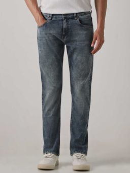 Mufti - Blue Cotton Blend Mid Waist Straight Leg Solid Jeans