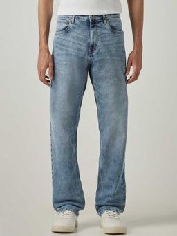 Mufti - Blue Cotton Blend Mid Waist Straight Leg Solid Jeans