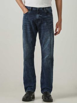 Mufti - Blue Cotton Blend Mid Waist Straight Leg Solid Jeans