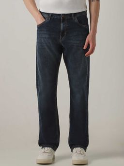 Mufti - Blue Cotton Blend Mid Waist Straight Leg Solid Jeans