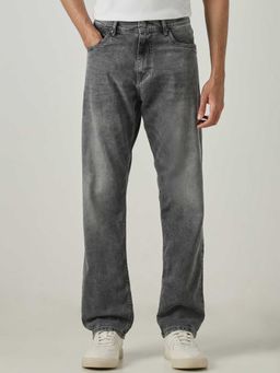 Mufti - Grey Cotton Blend Mid Waist Straight Leg Solid Jeans