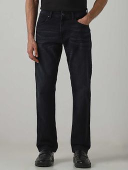 Mufti - Black Cotton Blend Mid Waist Straight Leg Solid Jeans